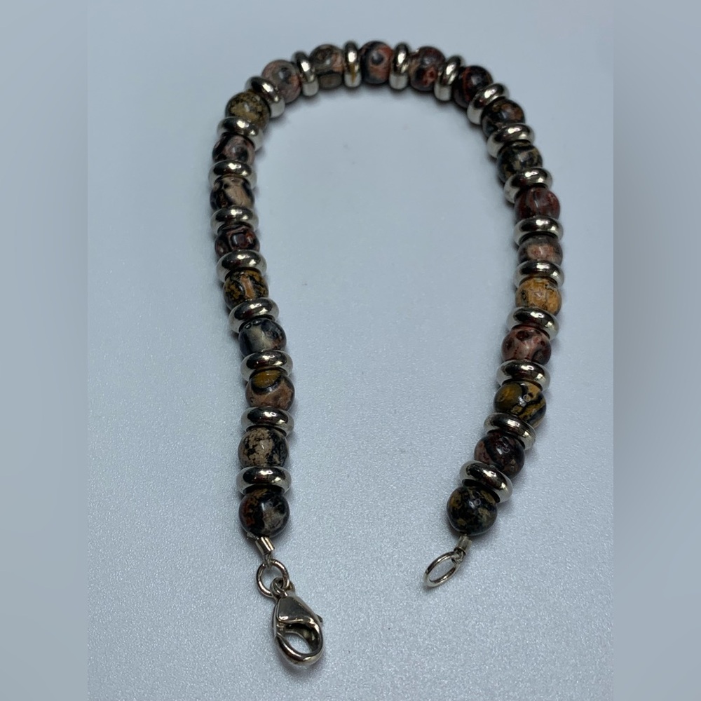 Vintage Sterling Silver & Leopard Jasper 6MM Beaded Bracelet 7-1/2” Long - Picture 11 of 16